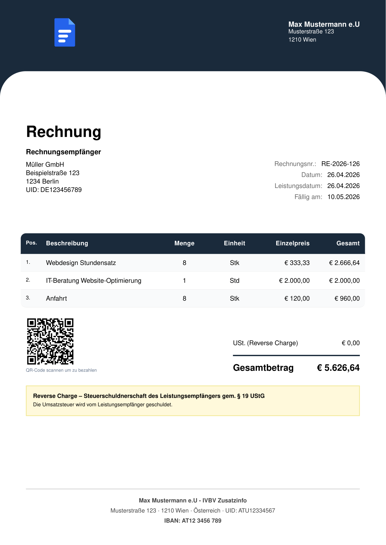Finale Reverse-Charge-Rechnung als PDF mit Steuerschuldnerschafts-Hinweis