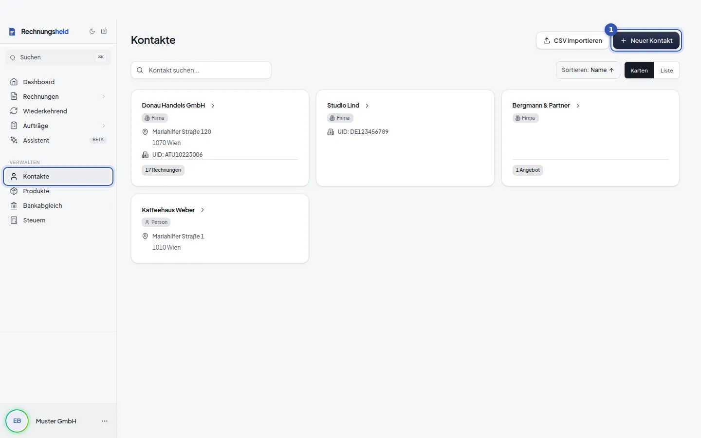 Kontakte und Produkte anlegen in Rechnungsheld