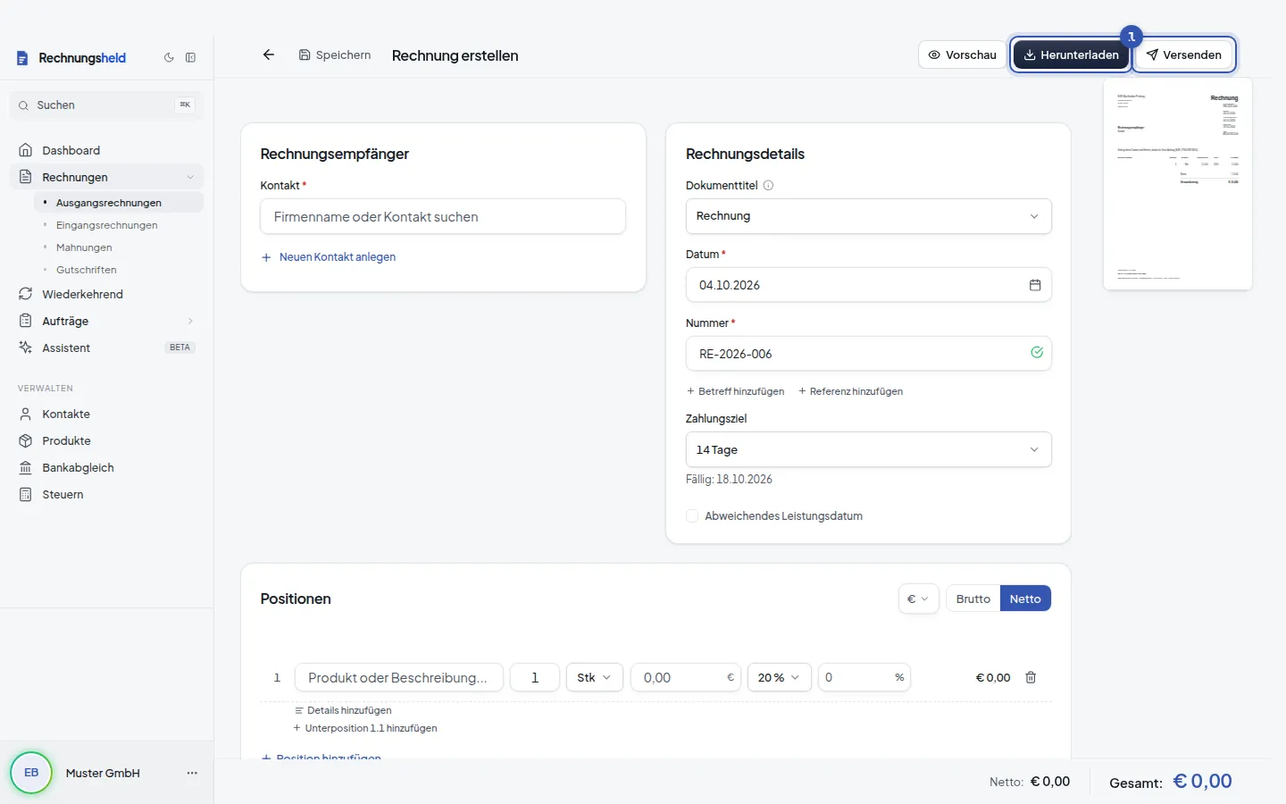 Rechnung finalisieren und versenden in Rechnungsheld