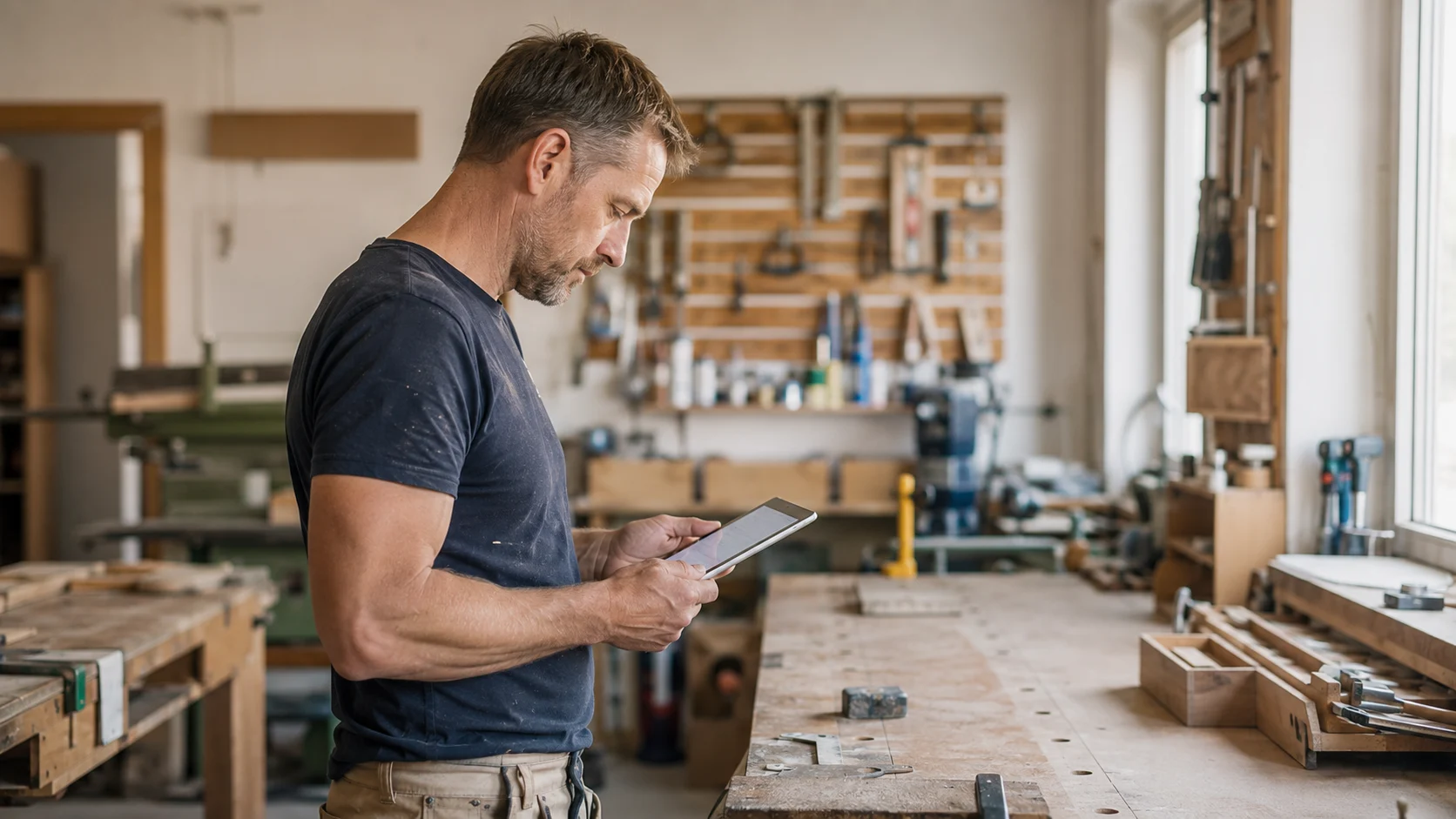 Handwerker prüft eine Eingangsrechnung am Tablet in seiner Werkstatt
